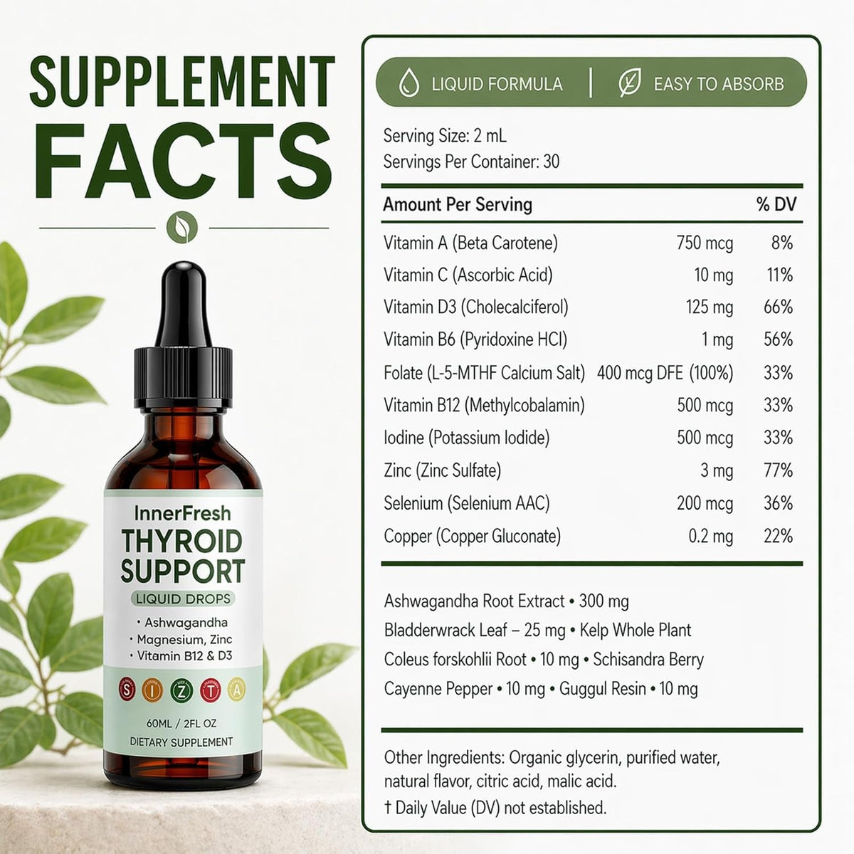 Thyroid Support Drops, Thyroid Support Liquid Drops for Women & Men, with Ashwagandha, Vitamin B12 & D3 and Magnesium, Help Support Mood, Promote Metabolism, 60 ML/2FL OZ
