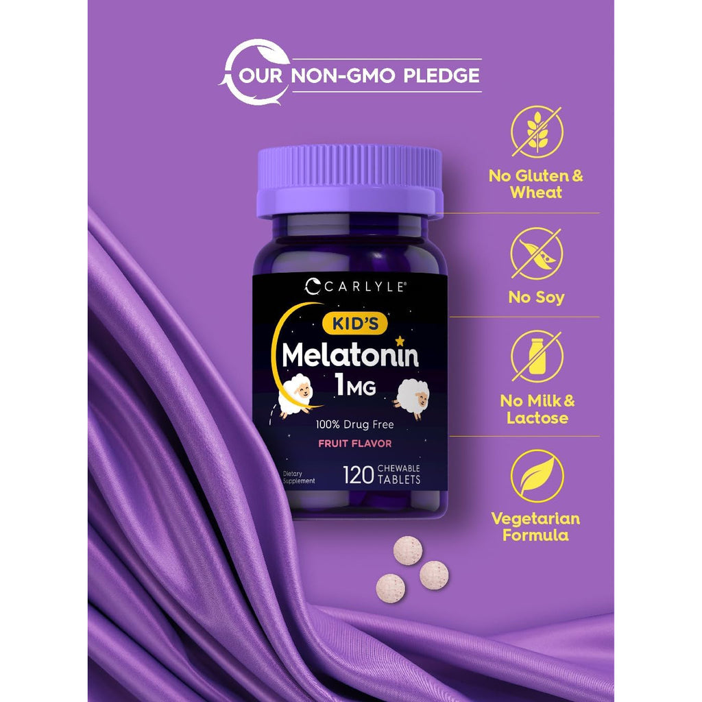 Carlyle Kids Melatonin 1Mg | 120 Chewable Tablets | Fruit Flavor | Vegetarian Supplement | Non-Gmo, Gluten Free Formula