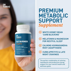 Dr. Tobias Fat Burner Nightly - Night Time Metabolic Support with White Kidney Bean Extract, Ashwagandha Root, Green Coffee Bean Extract & Melatonin | Non-Gmo (60 Capsules 30 Day Supply)