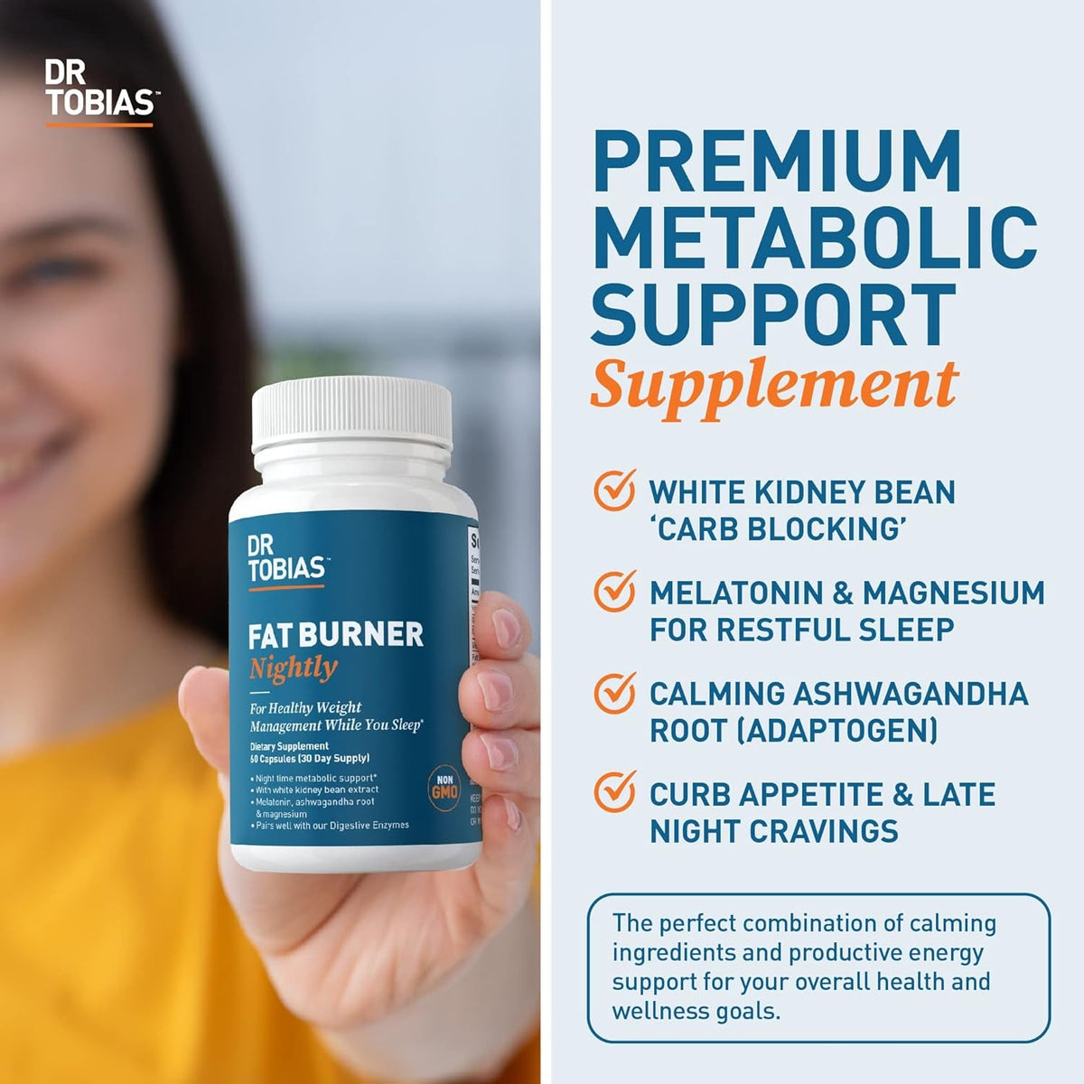 Dr. Tobias Fat Burner Nightly - Night Time Metabolic Support with White Kidney Bean Extract, Ashwagandha Root, Green Coffee Bean Extract & Melatonin | Non-Gmo (60 Capsules 30 Day Supply)