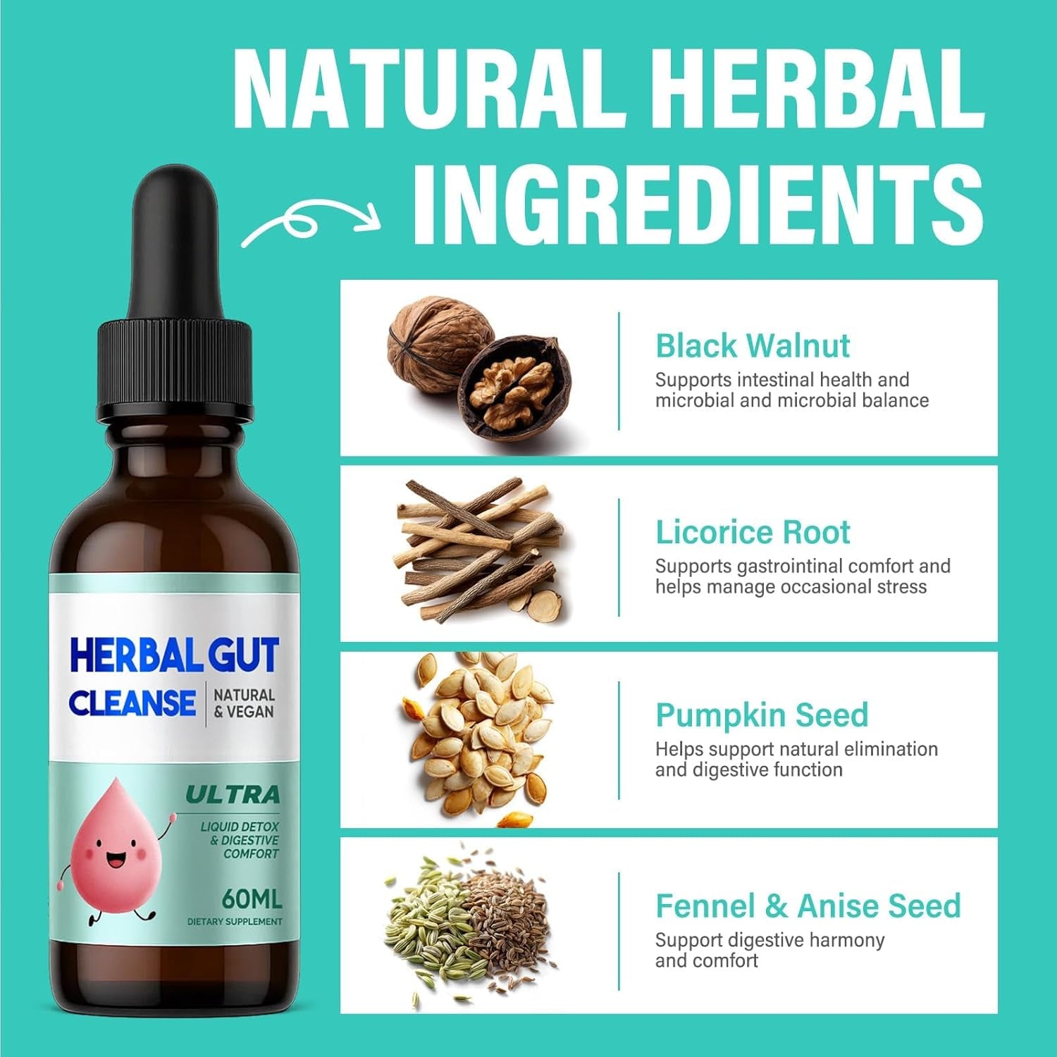 Kids Herbal Gut Cleanse Drops, Parasite Cleanse for Humans Liquid with Wormwood, Black Walnut & Probiotics, Supports Digestive & Overall Gut Health for Children (2 Oz)