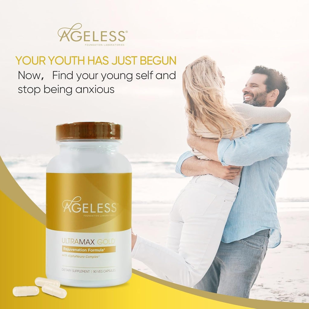 AGELESS™: Ultramax Gold™ Capsules, HGH Anti-Aging Supplement for Women, Slows Cellular Aging, Supports Immune Health, Smoother Skin Tone and Restorative Sleep, Weight Management, 90 Capsules