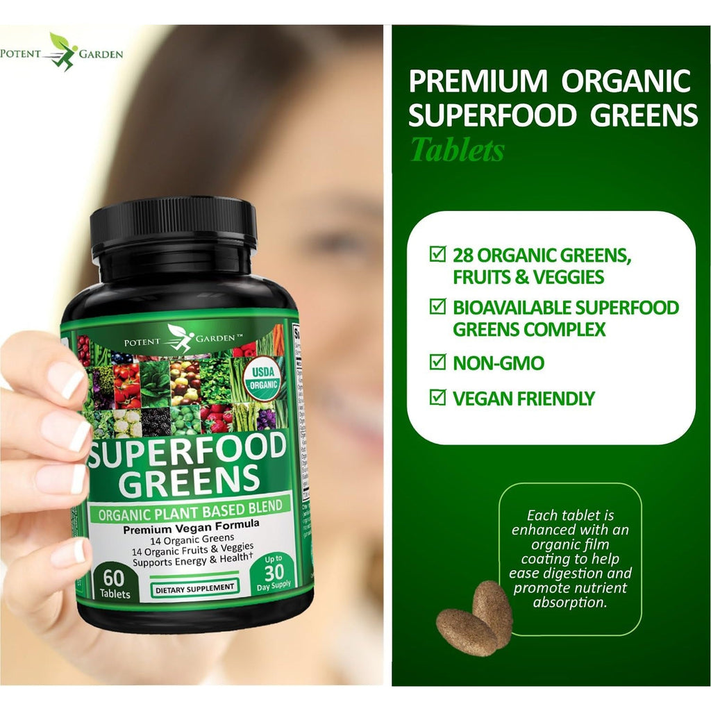 Potent Garden Organic Superfood Greens, Fruit and Veggies Supplement Rich in Vitamins & Antioxidants with Alfalfa, Beet Root & Tart Cherry to Boost Energy, Immunity & Gut Health, Greens Tablets 60 Ct