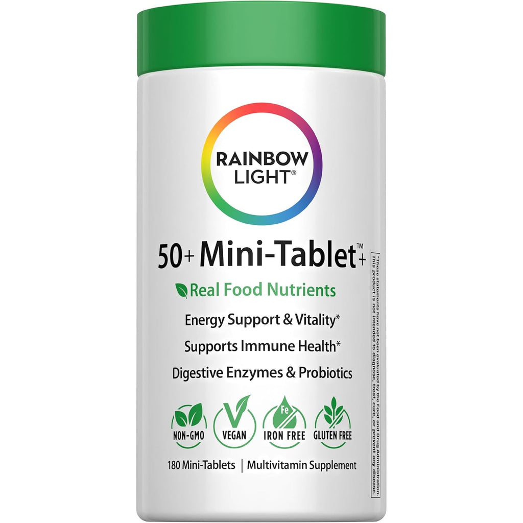 Rainbow Light - 50+ Mini-Tablet Food-Based Multivitamin - Age-Defense Formula Probiotic and Antioxidant Formula; Vitamins and Minerals Support Immune, Heart, Skin, Eye, Bone and Prostate - 180 Tablets
