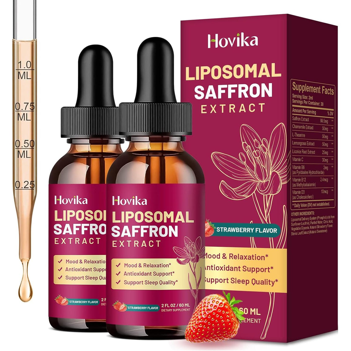 2 Pack Liposomal Saffron Supplements - 88.5Mg Saffron Extract Liquid Drops with L-Theanine, Chamomile, Vitamin C, B6, B12 & D3 for Antioxidant, Immune, Mood, Energy, Focus & Sleep - Strawberry Flavor
