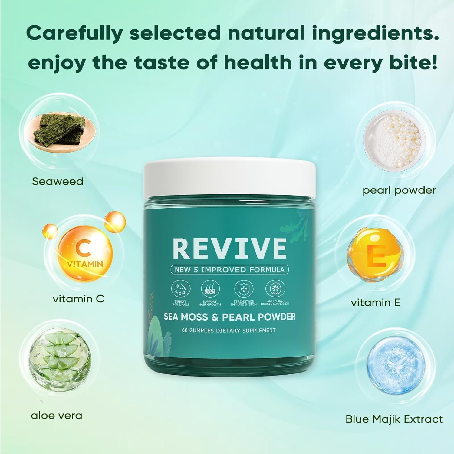 Revive Hair Gummies, Balmbare Revive Gummies for Hair, Promotes Thicker, Fuller, Stronger Hair, with Organic Irish Sea Moss, Pearl Powder Glow, Vitamin C/E, Aloe Vera, 60 Count