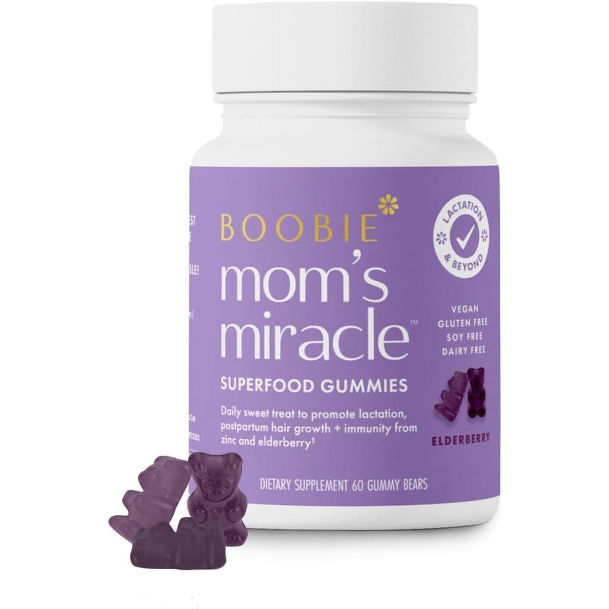 Boobie Bears Lactation Support Gummies | Helps as Milk Supply Booster & Supports Immune Health & Hair Growth | Breastfeeding Supplements with Zinc & Elderberry for Milk Supply Increase, 60 Count