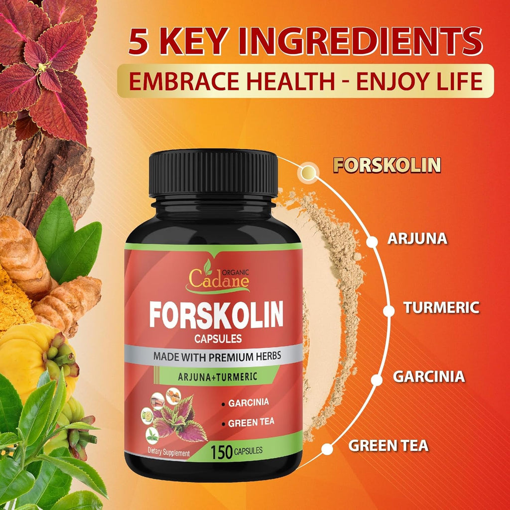 Cadane Forskolin Supplements - 5In1 with Turmeric Curcumin, Arjuna, Garcinia Cambogia, and Green Tea - 5 Month Supply - 150 Capsules