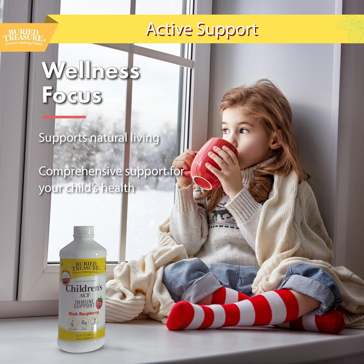 Buried Treasure Children’S ACF Liquid Immune Support for Kids – Elderberry, Echinacea & Botanicals – Raspberry Flavor – 16 Oz – Sugar Free