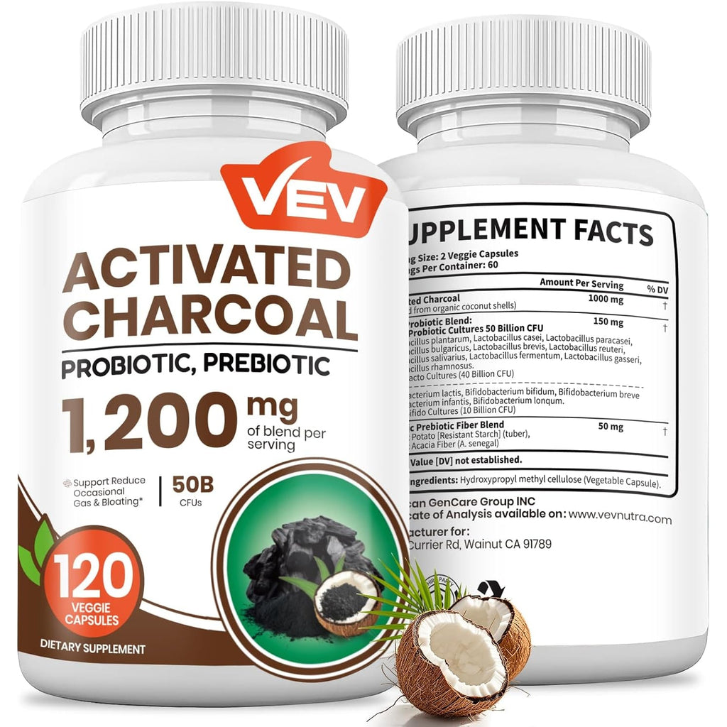 VEV Activated Charcoal with Organic Coconut Shell Charcoal & 50 Billion Probiotics – 120 Vegan Capsules for Digestive Wellness & Dietary Support