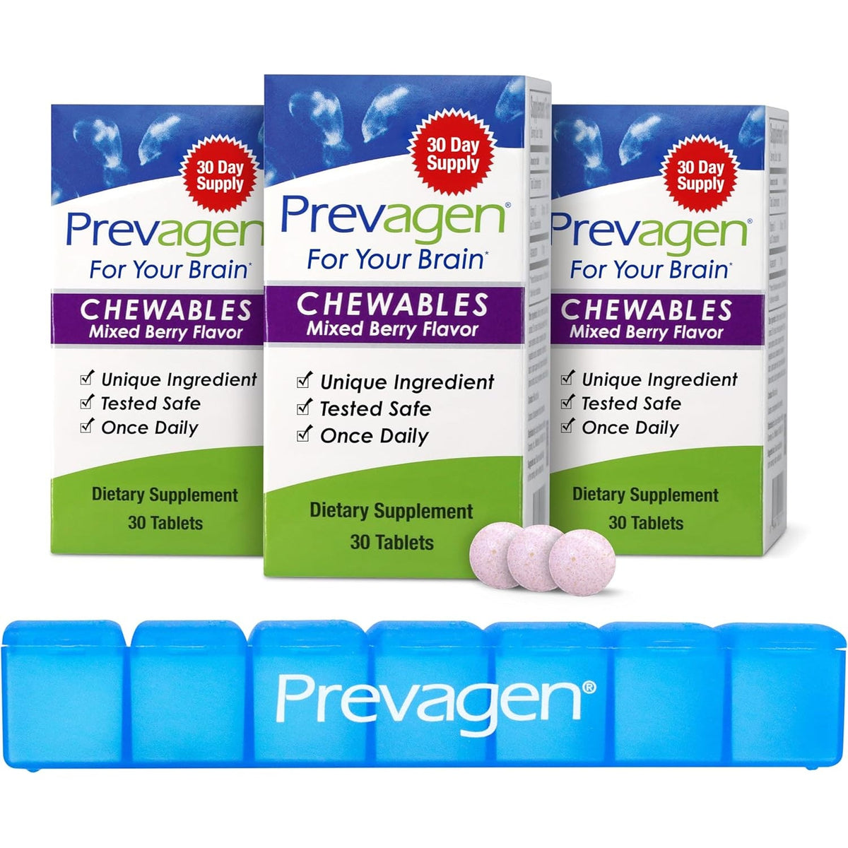Prevagen Regular Strength Mixed Berry Chewables - 90 Tablets (3 Month Supply) | Formulated for Your Brain | 10Mg of Apoaequorin plus Vitamin D3 with 7-Day Pill Minder