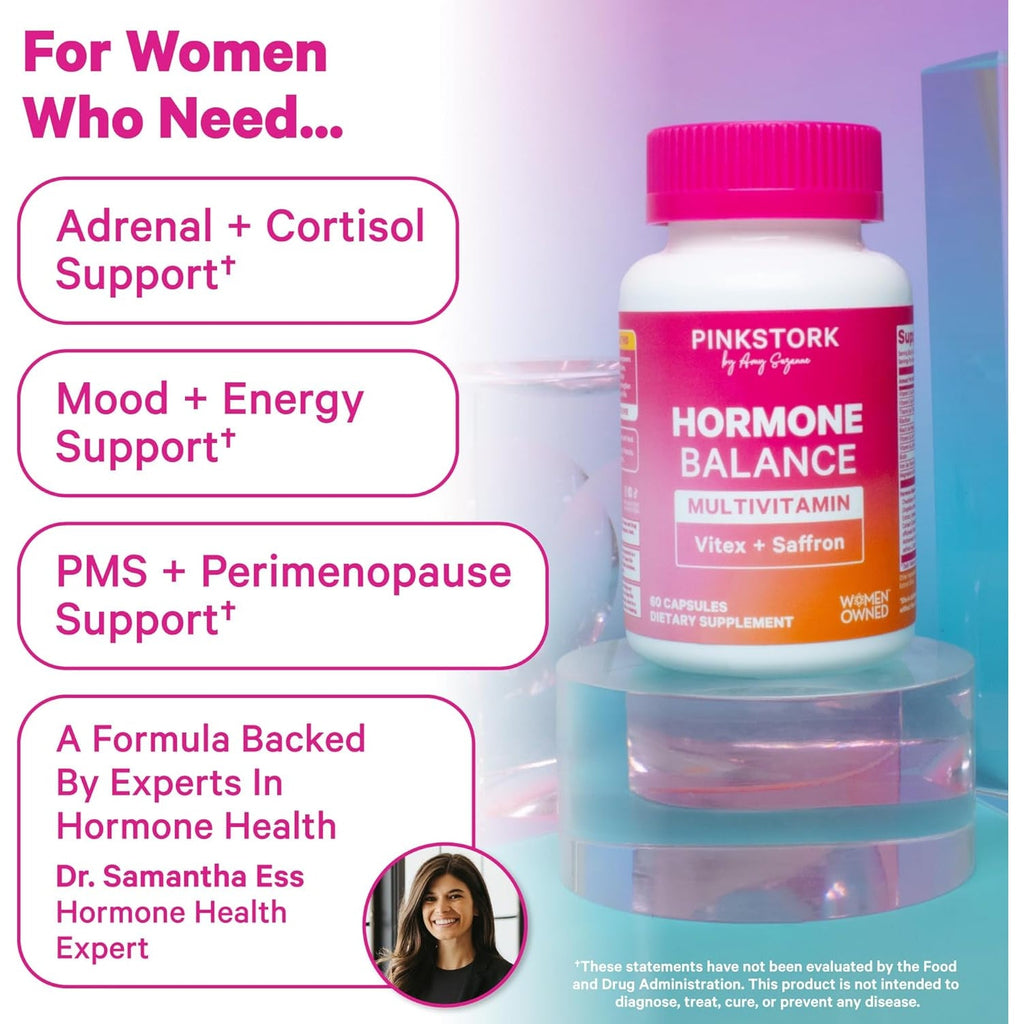 Pink Stork Hormone Balance Multivitamin for Women | 18-In-1 Vitex, Saffron, Ashwagandha, Magnesium | Mood, Energy, Cortisol, Adrenal Support | PMS, Perimenopause Support | 60 Vegan Capsules