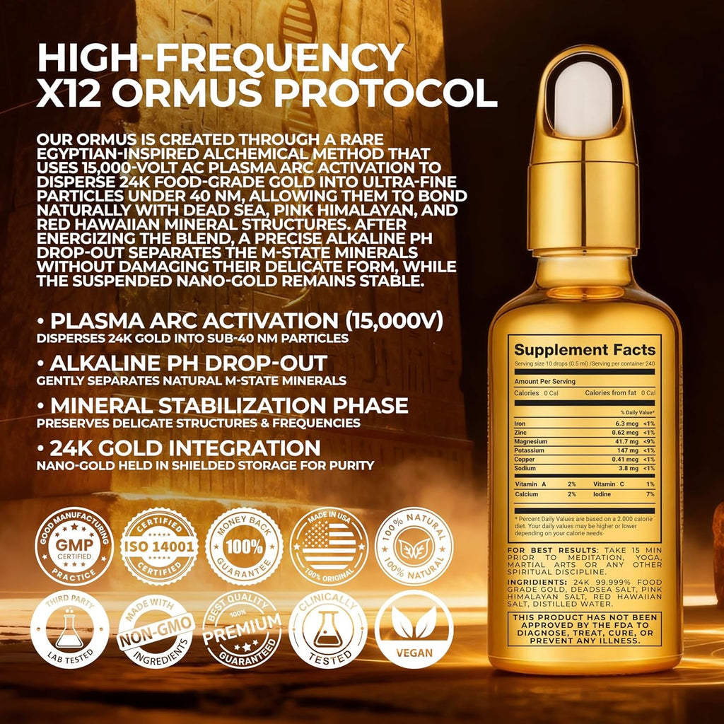 X12 Ormus Monoatomic Gold - Liquid Trace Mineral Blend with 24K Gold – Made by Real Alchemists - Dead Sea & Himalayan Salt - 4 Fl Oz