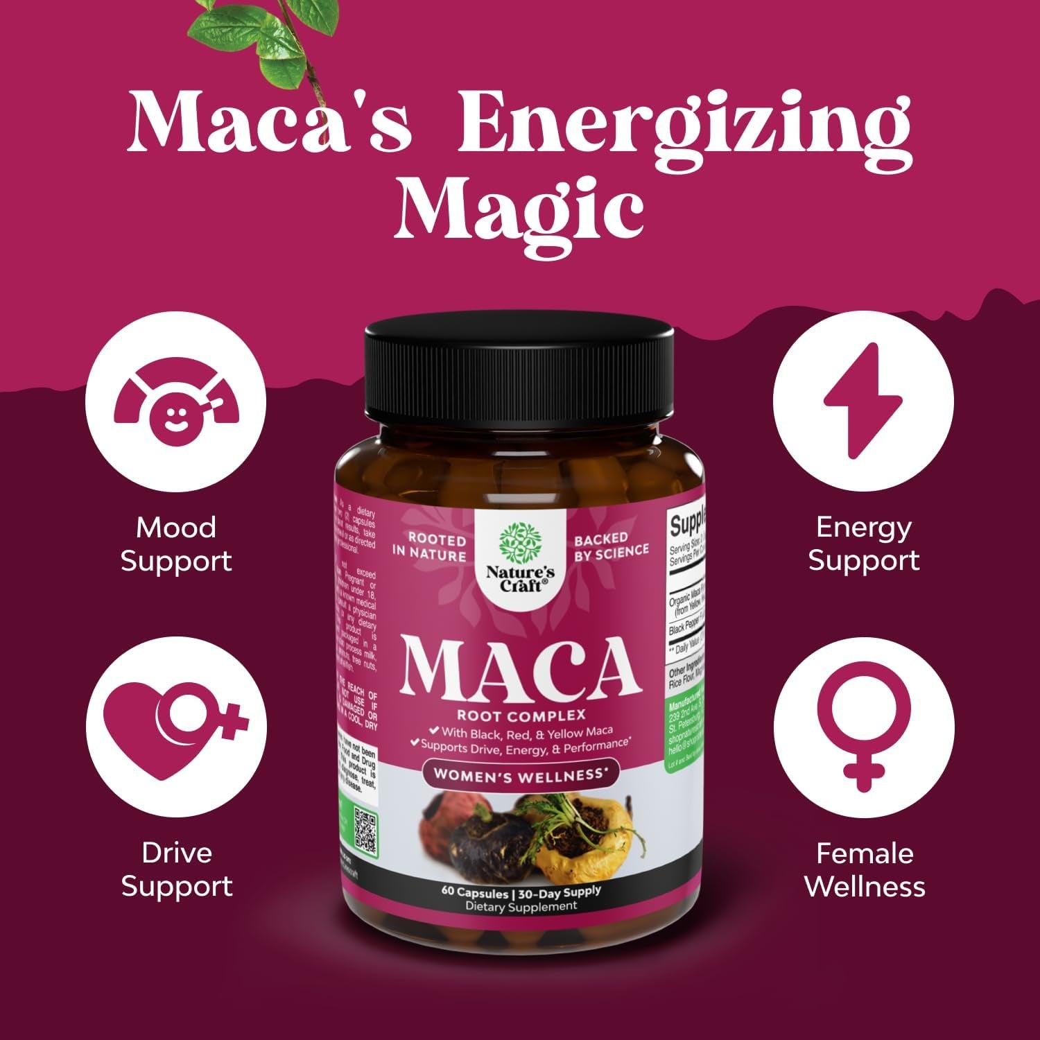 Maca Root Capsules for Women - Potent Herbal Supplement with Female Enhancing Blend of Red Yellow & Black Maca Root - Non-Gmo Certified Vegan and Gluten-Free with No Artificial Colors - 60 Count
