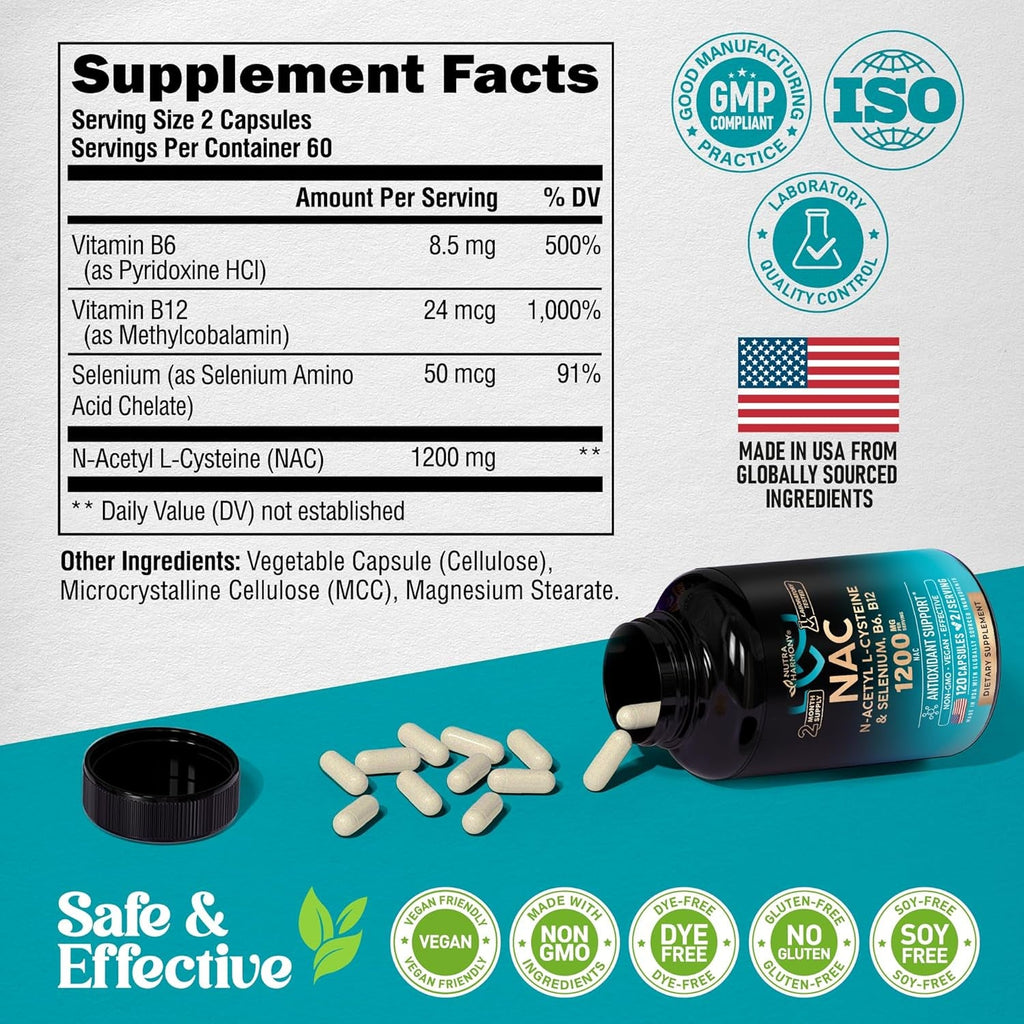 NAC Supplement | Selenium | B6 | B12 - Antioxidant, Immune Support - N Acetyl Cysteine 600 Mg per Capsule, 1200 Mg per Serving - Lab Tested - Non-Gmo, Gluten-Free, Vegan - 120 Caps, 2 Month Supply