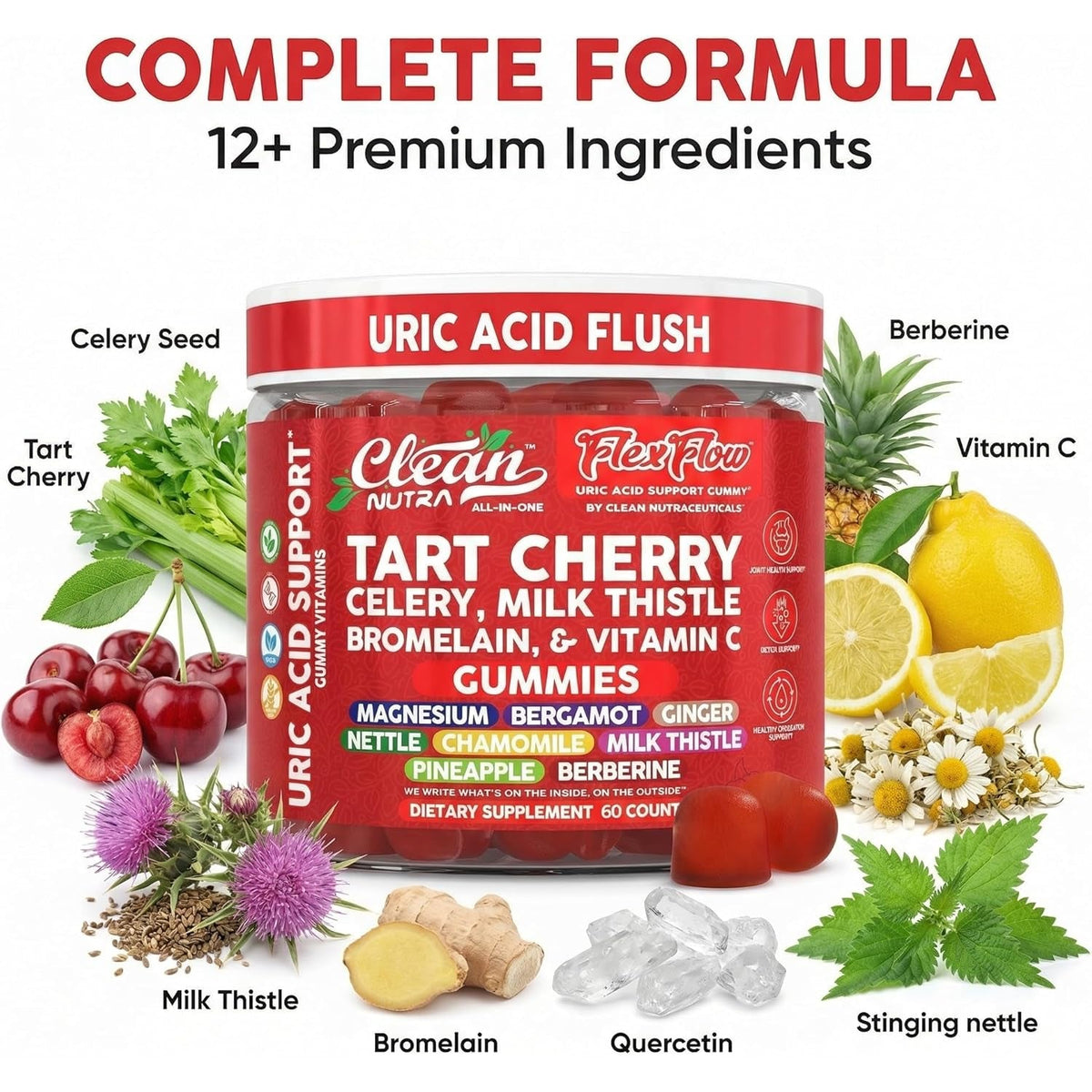 Clean Nutra Tart Cherry Gummies Uric Acid Flush Celery Milk Thistle Bromelain Vitamin C Magnesium Citrus Bergamot Ginger Stinging Nettle Leaf Chamomile Berberine Quercetin Support 60 Gummy Vitamins