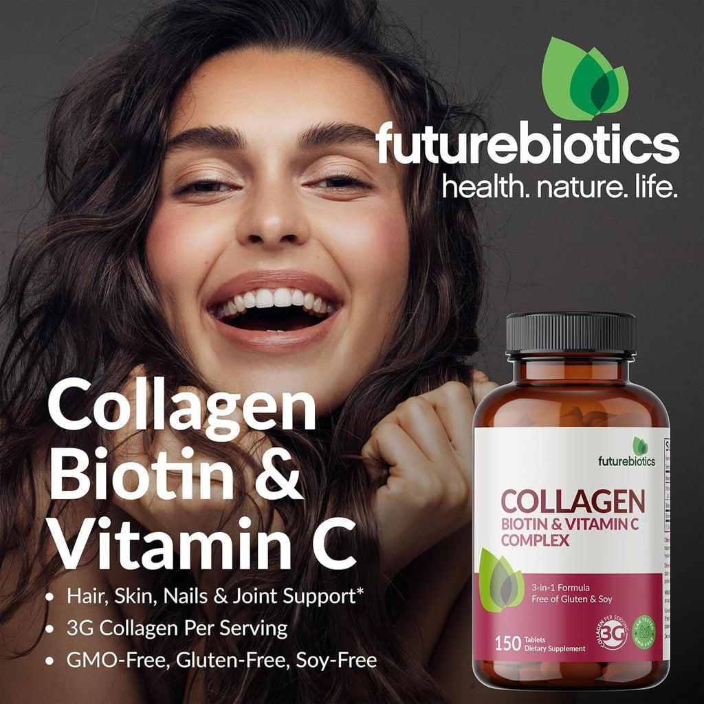 Futurebiotics Collagen Peptides with Biotin & Vitamin C Complex 3-In-1 Formula - for Hair, Skin & Nails Support, Non-Gmo, 90 Tablets