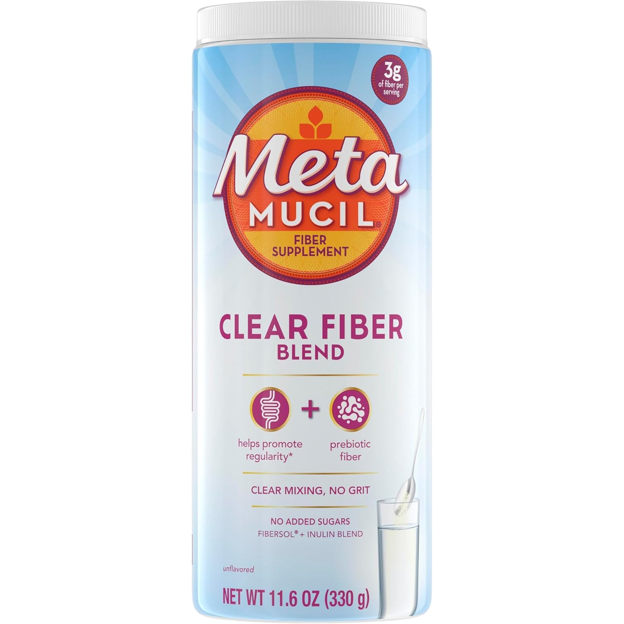 Metamucil Fiber Supplement, Unflavored Clear Mixing Powder, No Grit, No Sugar Added, Plant Based Prebiotic Fiber Supplement Blend for Daily Digestive Health, 75 Teaspoons