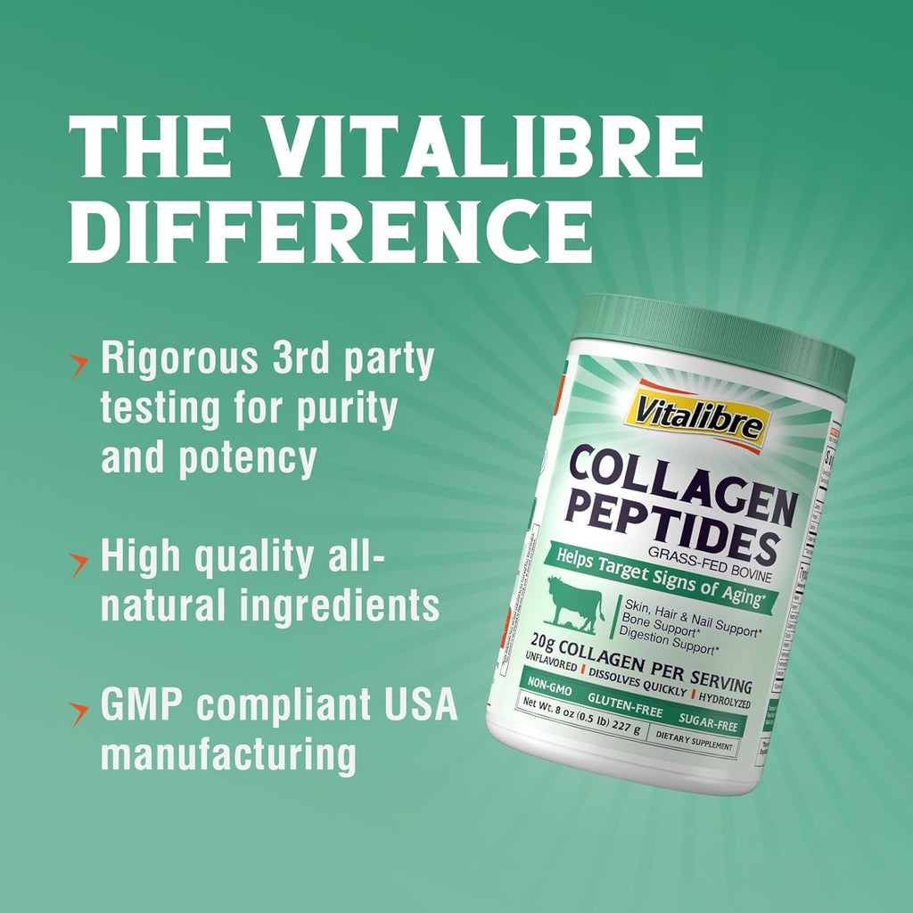 Vitalibre Bovine Collagen Peptides Powder for Women and Men, Grass-Fed Hydrolyzed Collagen Protein Type I & III, Skin, Hair, Nails, Bones, Digestion, Unflavored, Non-Gmo, Keto & GF, 11 Servings, 8Oz