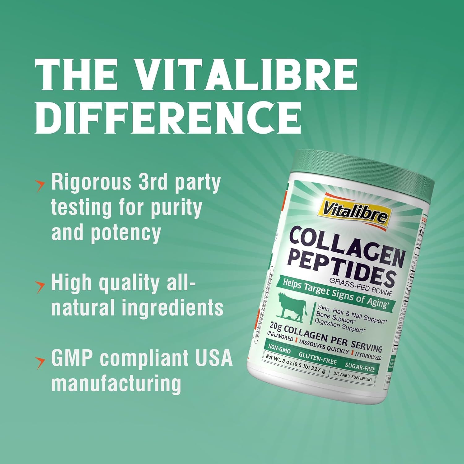 Vitalibre Bovine Collagen Peptides Powder for Women and Men, Grass-Fed Hydrolyzed Collagen Protein Type I & III, Skin, Hair, Nails, Bones, Digestion, Unflavored, Non-Gmo, Keto & GF, 11 Servings, 8Oz