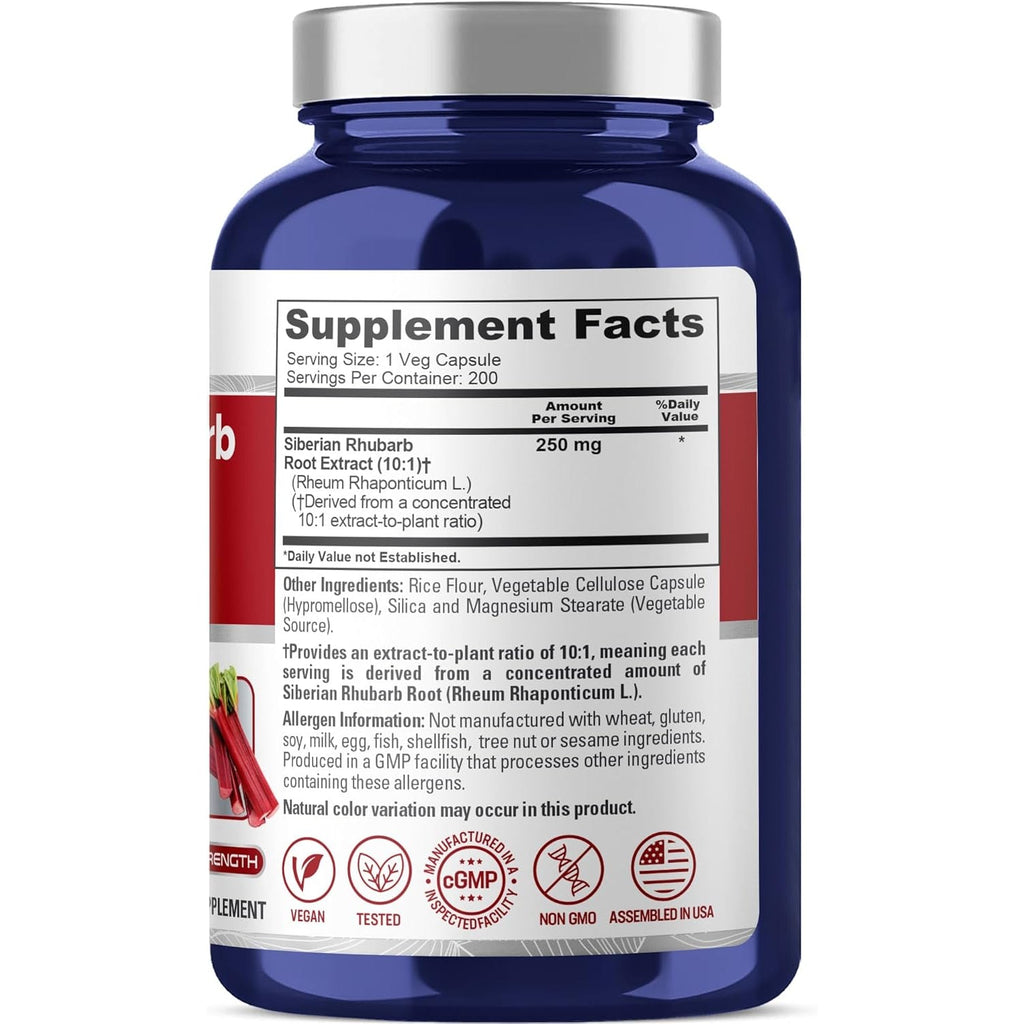 Nusapure Siberian Rhubarb, 250 Mg, 200 Veg Capsules (Non-Gmo, Vegan)