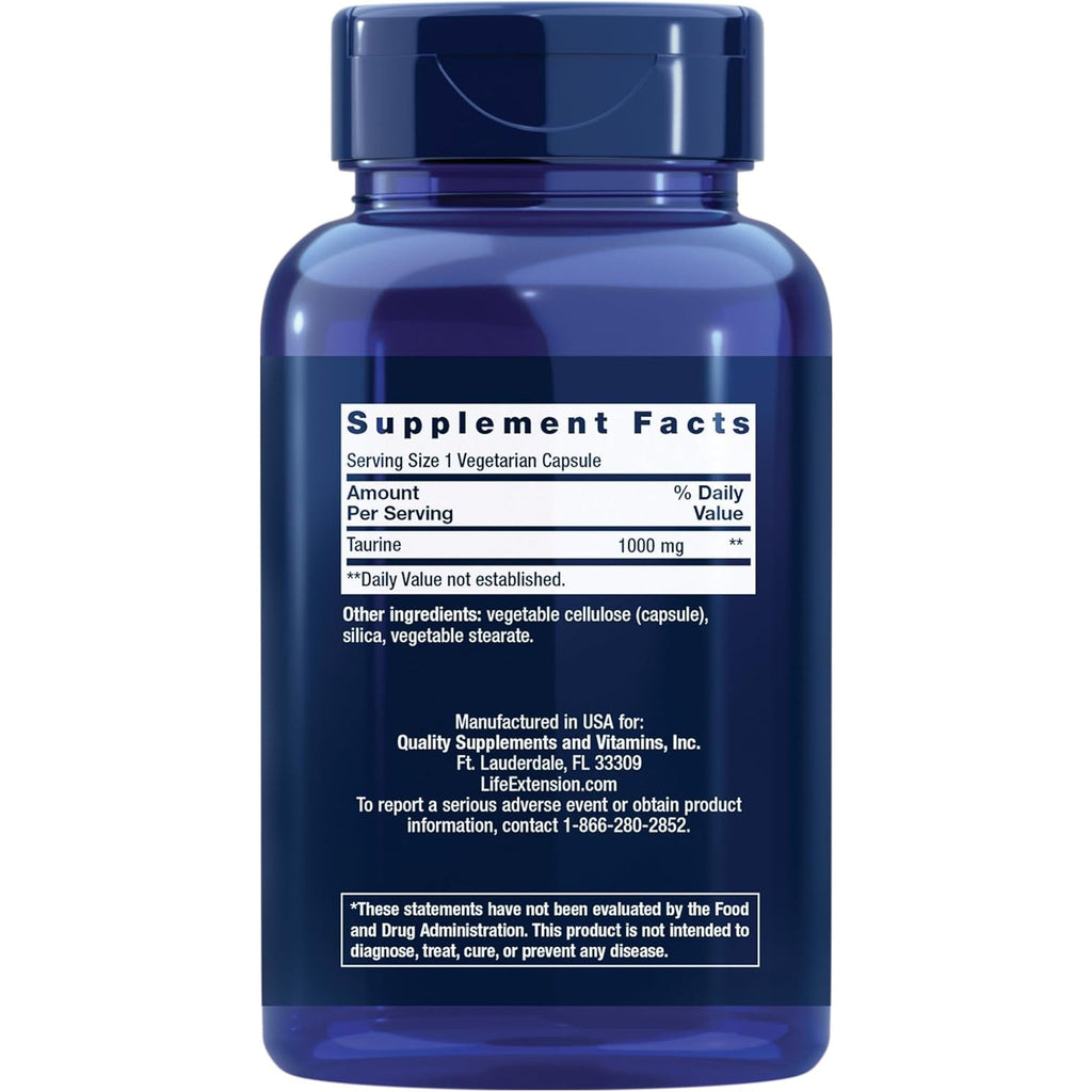 Life Extension Taurine, Pure Taurine Amino Acid Supplement, Heart, Liver and Brain Health, Longevity, Muscle and Exercise, 1000 Mg, Non-Gmo, Gluten-Free, Vegetarian, 180 Vegetarian Capsules