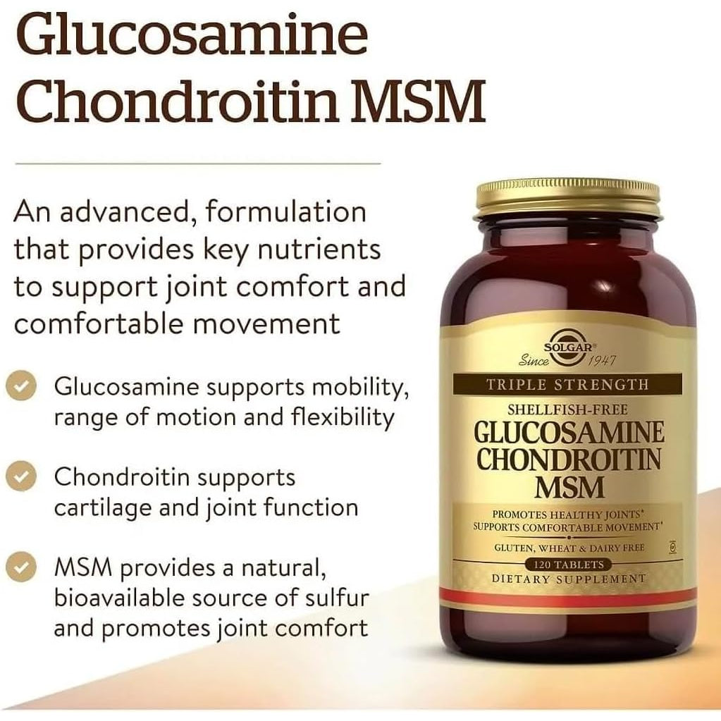 Solgar Triple Strength Glucosamine Chondroitin MSM, 120 Tablets - Promotes Healthy Joints, Supports Comfortable Movement - Shellfish Free - Gluten Free, Dairy Free - 60 Servings