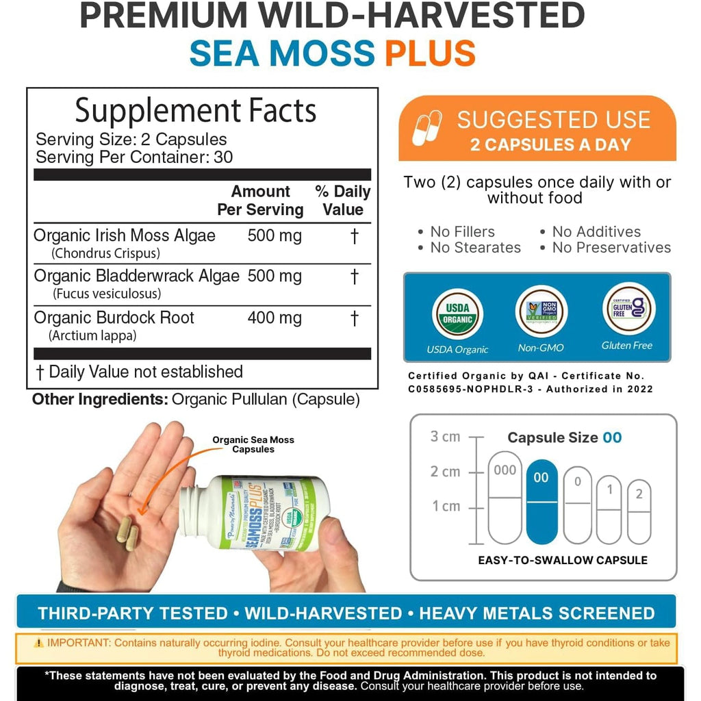 Power by Naturals Sea Moss plus – USDA Organic Irish Sea Moss Capsules with Bladderwrack & Burdock Root – Immune Support for Adults – Vegan, Non-Gmo, Gluten-Free – 60 Capsules (1-Month Supply)