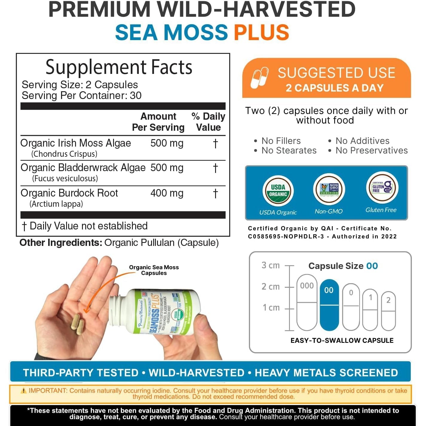 Power by Naturals Sea Moss plus – USDA Organic Irish Sea Moss Capsules with Bladderwrack & Burdock Root – Immune Support for Adults – Vegan, Non-Gmo, Gluten-Free – 60 Capsules (1-Month Supply)