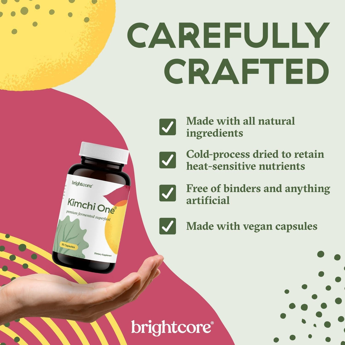 Brightcore Nutrition - Kimchi One, Kimchi Powder Capsules, Probiotics, Enzymes, & Antioxidant Supplement, Premium Gut Health Superfood for Overall Well Being, Gluten-Free, 90 Vegan Capsules