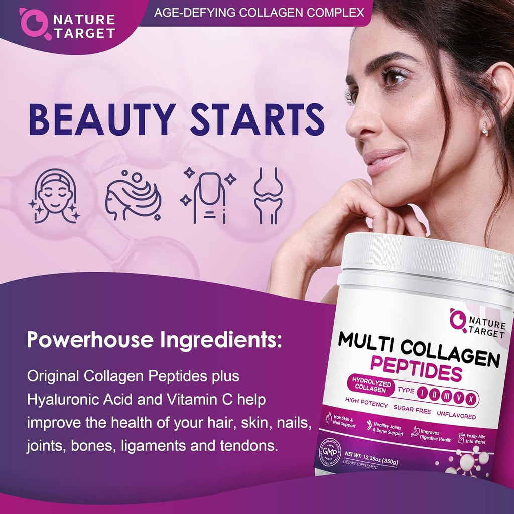 NATURE TARGET Multi Collagen Peptides Powder - Type I, II, III, V, X - Hydrolyzed Collagen Peptides with Vitamin C Hyaluronic Acid, Supports Skin Hair Nail & Joint, Grass-Fed, Non-Gmo, 35 Servings