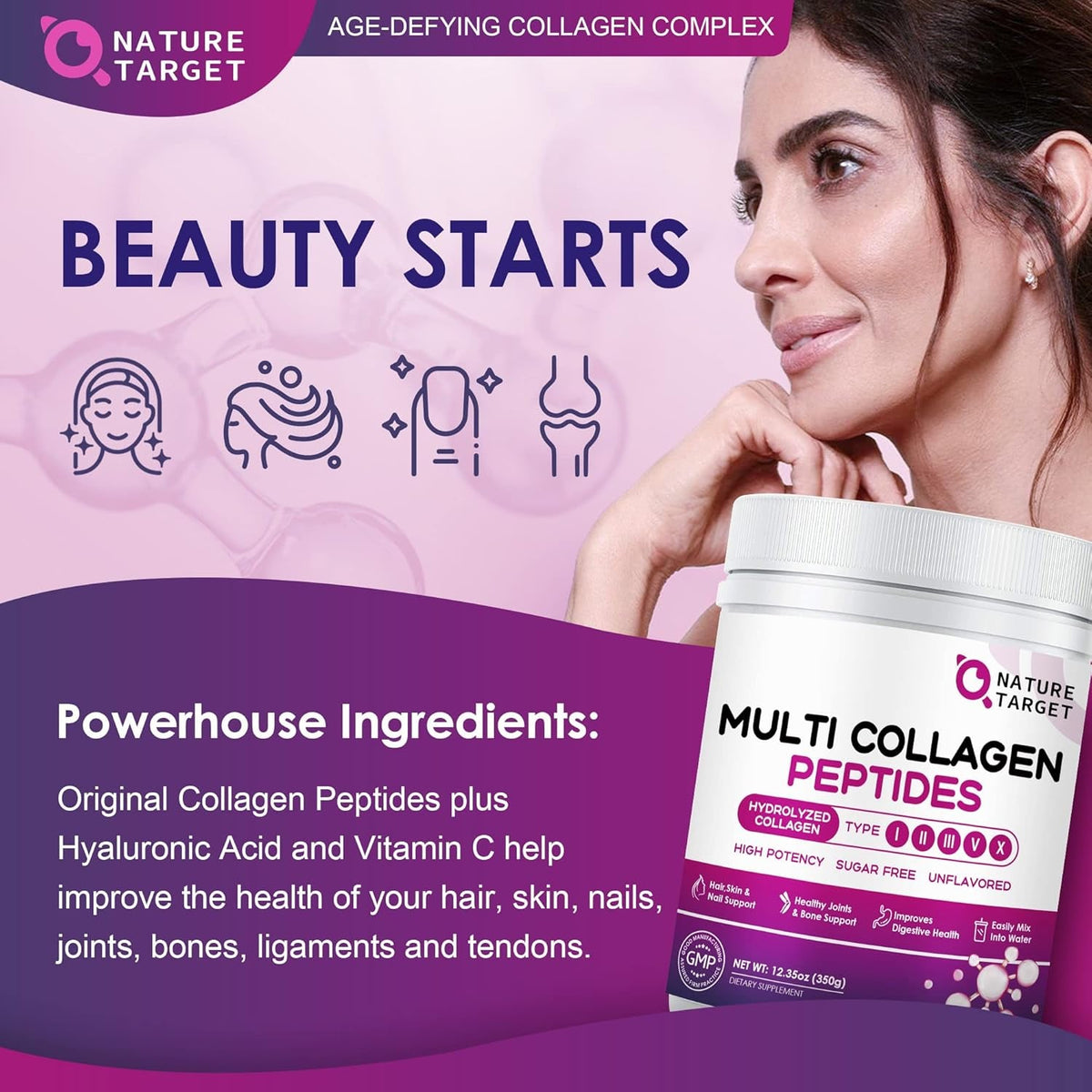 NATURE TARGET Multi Collagen Peptides Powder - Type I, II, III, V, X - Hydrolyzed Collagen Peptides with Vitamin C Hyaluronic Acid, Supports Skin Hair Nail & Joint, Grass-Fed, Non-Gmo, 35 Servings