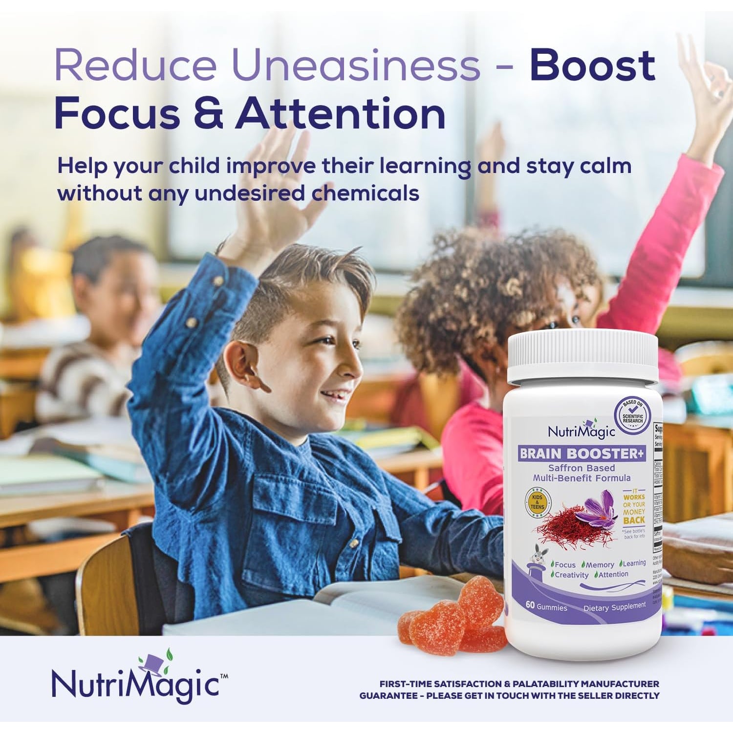 Nutrimagic Kids Brain Booster+ 30Mg Pure Saffron Extract Gummies & Multivitamin D3, B6, B12, Zinc, Supports Kids Brain Health, Focus, Memory, Attention, Mood Balance, Non-Gmo Supplement, 30X Servings