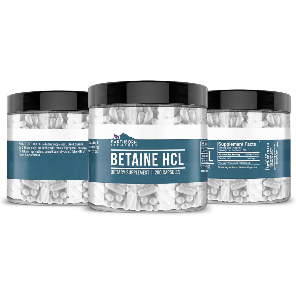 Earthborn Elements Betaine HCL, 200 Capsules, Lab-Tested, No Filler or Additives