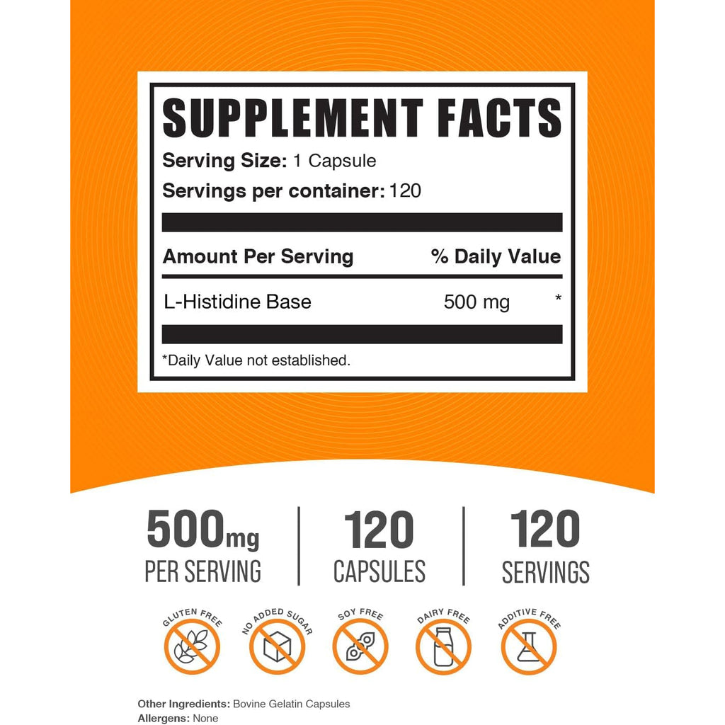 Bulksupplements.Com L-Histidine Capsules - as L-Histidine Base, Histidine Supplement - Essential Amino Acid & Gluten Free, 1 Capsule per Serving, 120 Capsules (Pack of 1)