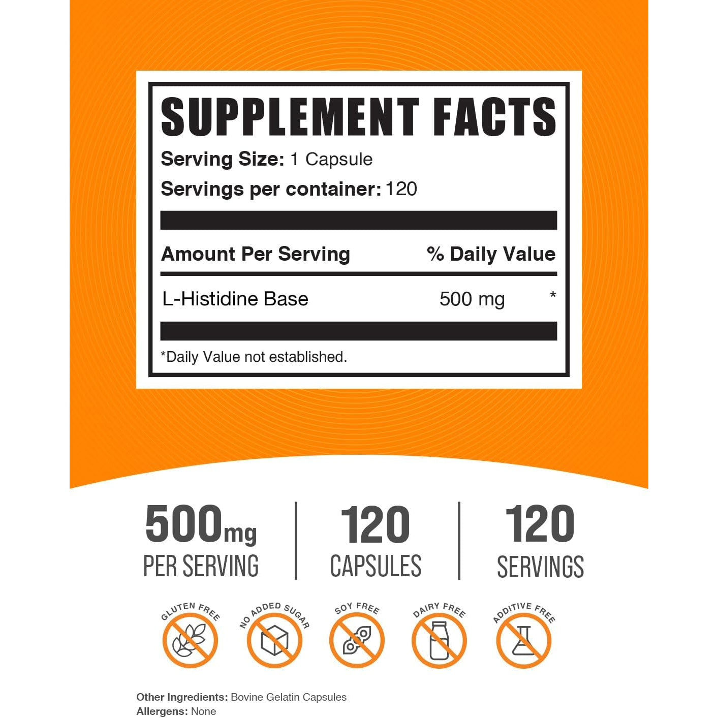 Bulksupplements.Com L-Histidine Capsules - as L-Histidine Base, Histidine Supplement - Essential Amino Acid & Gluten Free, 1 Capsule per Serving, 120 Capsules (Pack of 1)