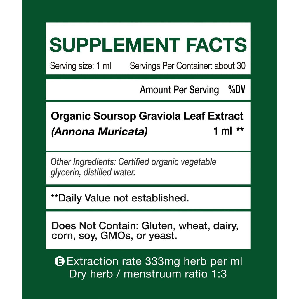 Organic Soursop Graviola Leaf Extract Liquid Drops | Soursop Bitters Liquid | GMP Certified | Vegan, Non-Gmo, Gluten Free | Immune Support | 1 Fl Oz