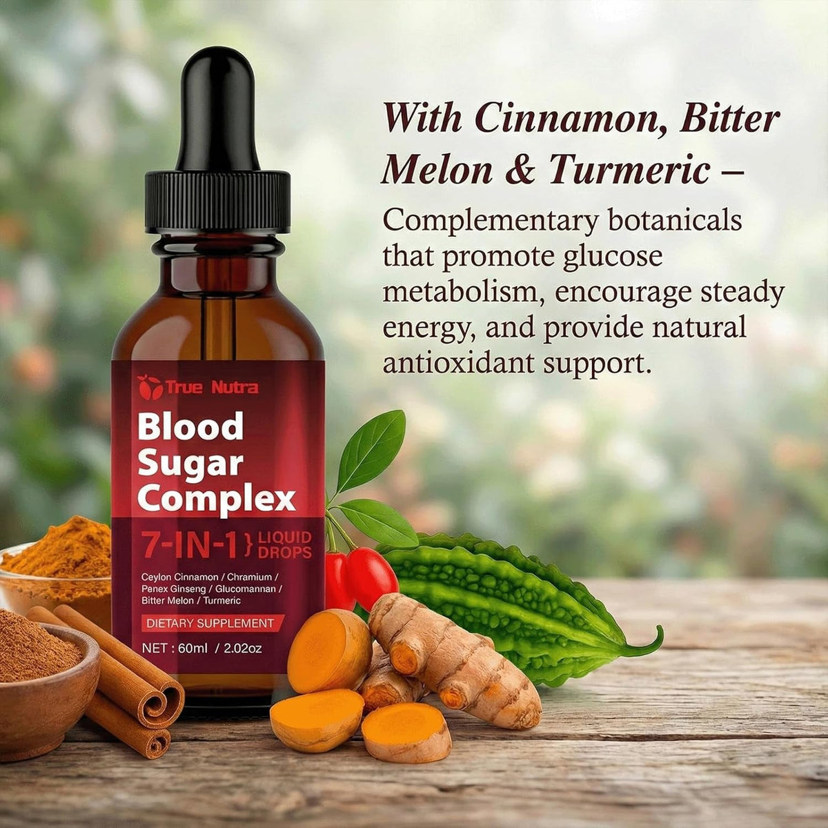 Blood Sugar Complex, 7-In-1 Formula Blood Sugar Support Supplement with Berberine, Ceylon Cinnamon, Chromium, Bitter Melon, Turmeric, Ginseng, Glucomannan (1PCS)