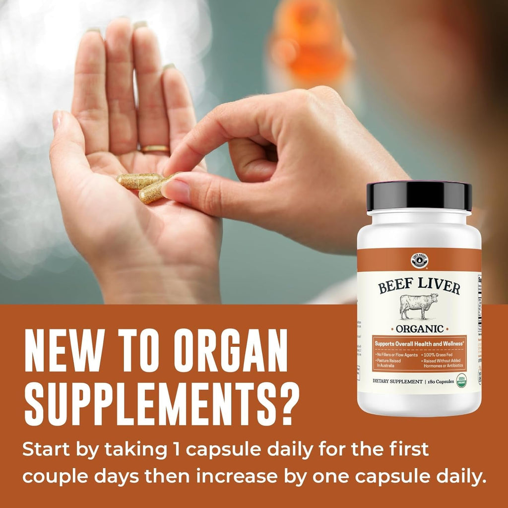 USDA Organic Beef Liver Capsules – Grass Fed & Pasture Raised in Australia – Nutrient Dense Superfood for Energy & Wellness – No Fillers, Freeze-Dried Liver Supplement – 180 Capsules