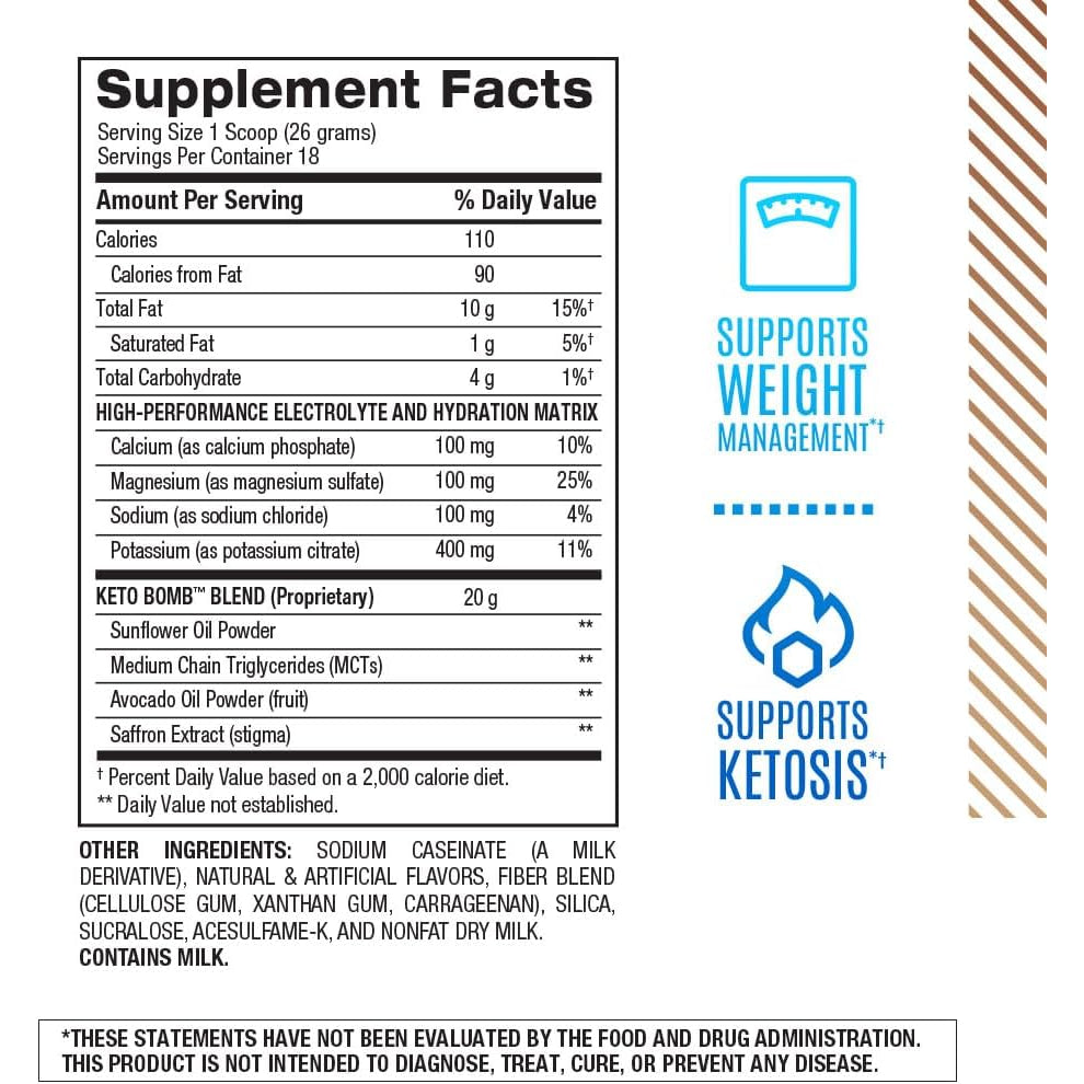 BPI Sports Keto Bomb - Promotes Energy, Hydration and Fat Loss - MCT and Electrolytes - Sugar-Free with Calcium - French Vanilla Latte, 18 Servings