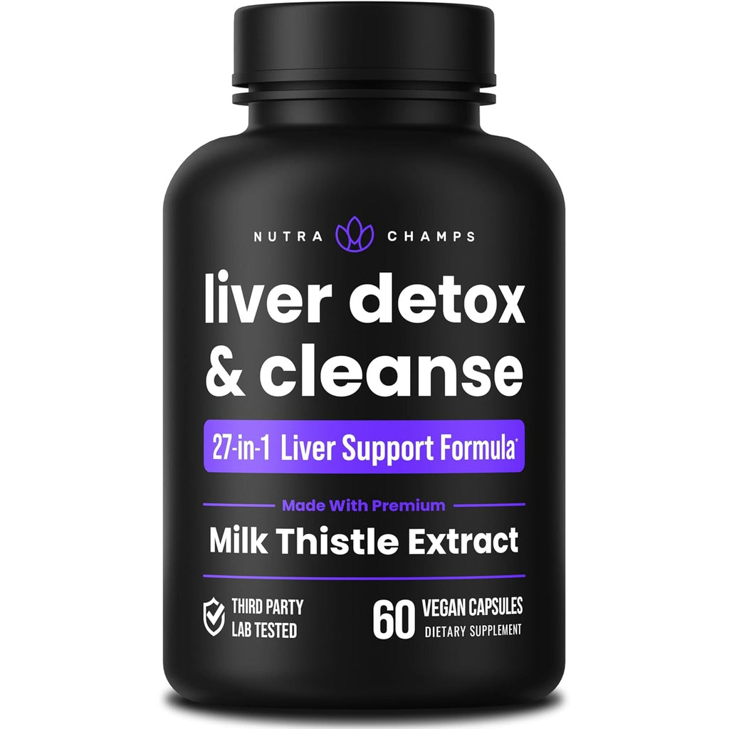 Nutrachamps Liver Cleanse Detox & Repair Formula, 20+ Herbs: Milk Thistle Extract with Silymarin, Artichoke, Dandelion, Chicory Root Powder, Liver Support Pills Supplement, 60 Capsules