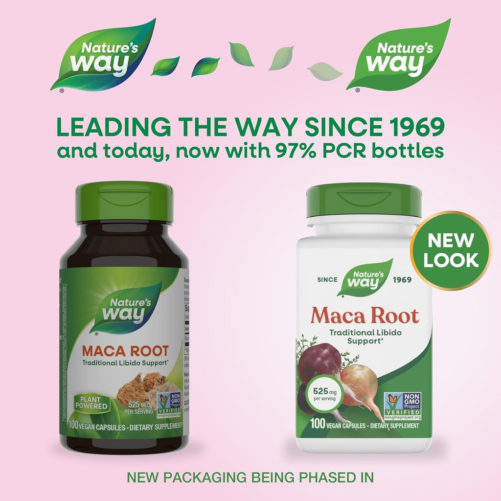 Nature'S Way Maca Root, Traditional Libido Support*, 525 Mg per Serving, Non-Gmo Project Verified, 100 Vegan Capsules (Packaging May Vary)