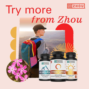 ZHOU Thyroid Support - Thyroid Supplement for Women & Men with Zinc, Iodine, & Selenium, Cellular Energy Thyroid Complex with Ashwagandha, Kelp - 60 Veggie Capsules (Pack of 1)