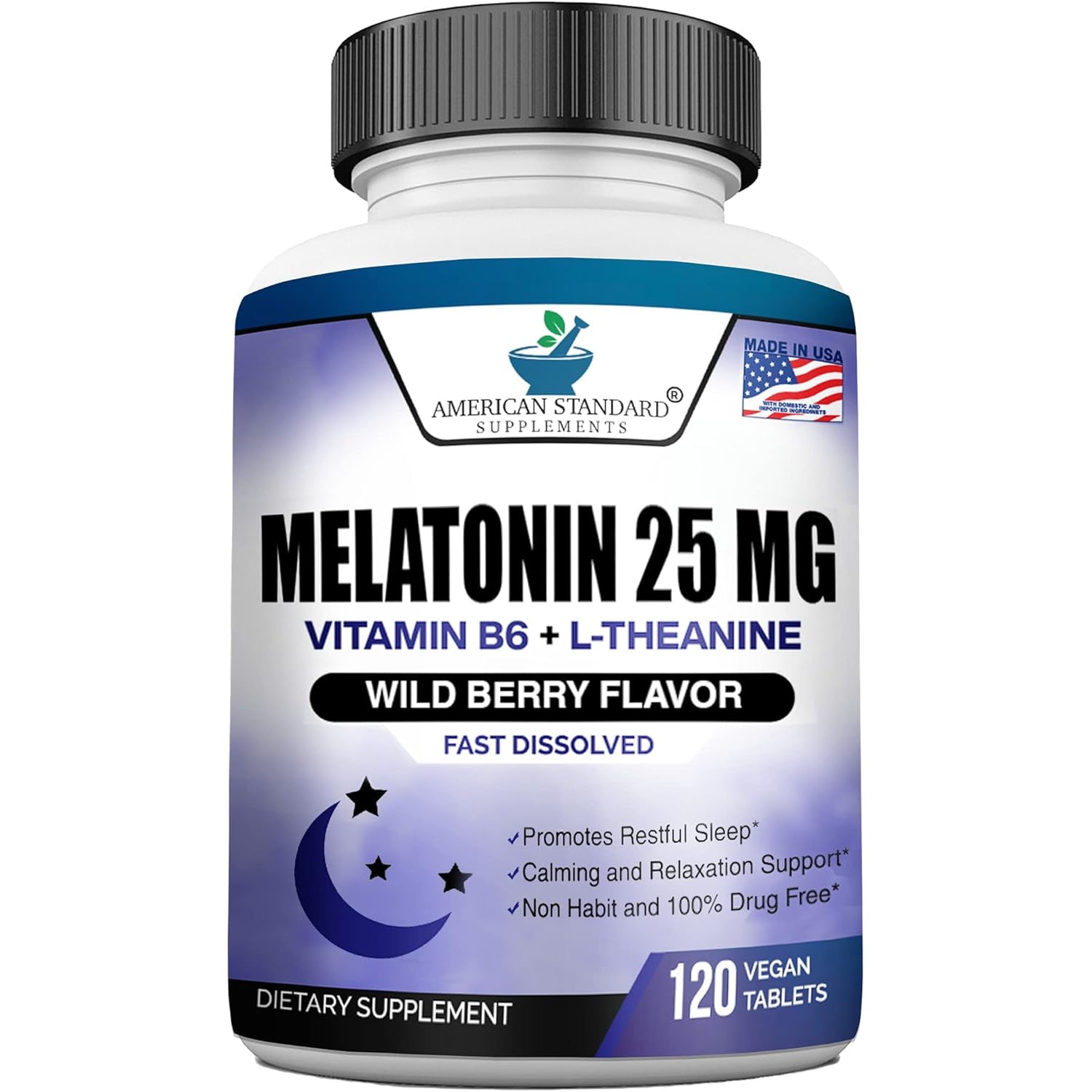 Melatonin 25Mg per One Tablet, 120 Chewable Tablet with L-Theanine & Vitamin B-6, Supports Healthy Sleep Cycle , Promotes Calming & Restful Sleep, Vegan, NON GMO, Made in USA