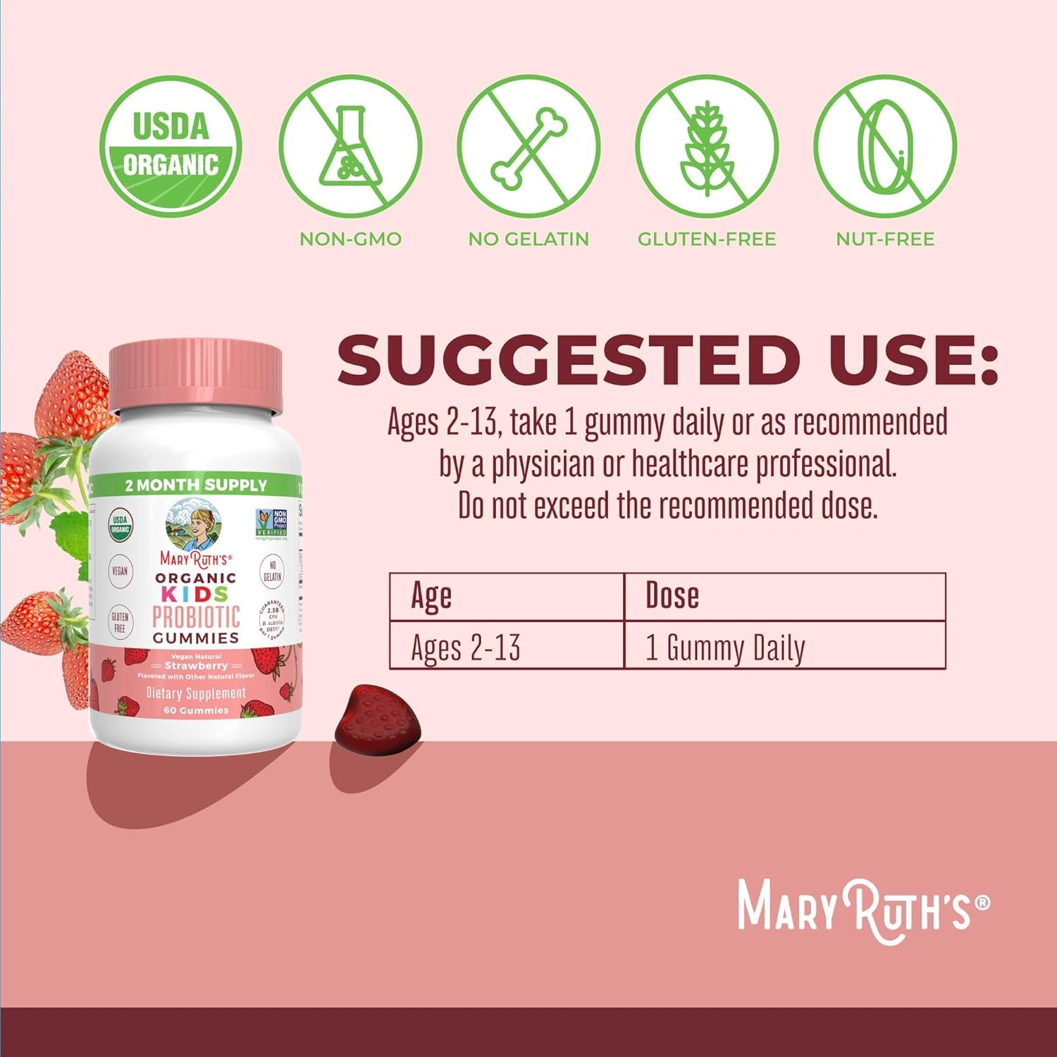 Maryruth Organics Kids Probiotics for Digestive Health | USDA Probiotic Gummies | 2 Month Supply | Kids Probiotics | Immune Support | Gut Health Supplement | Vegan | Non-Gmo | Gluten Free | 60 Count