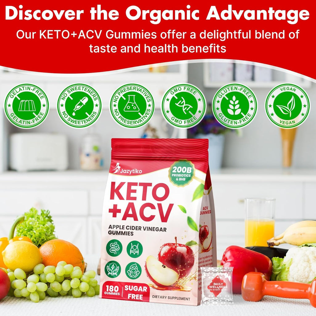 Apple Cider Vinegar Gummies, Advanced ACV Gummy with Probiotics, BHB, B12 and Keto Support - Keto Acv Gummies for Detox, Metabolism, Digestion, Gut & Immune Health - Sugar Free, Vegan, 180 Counts