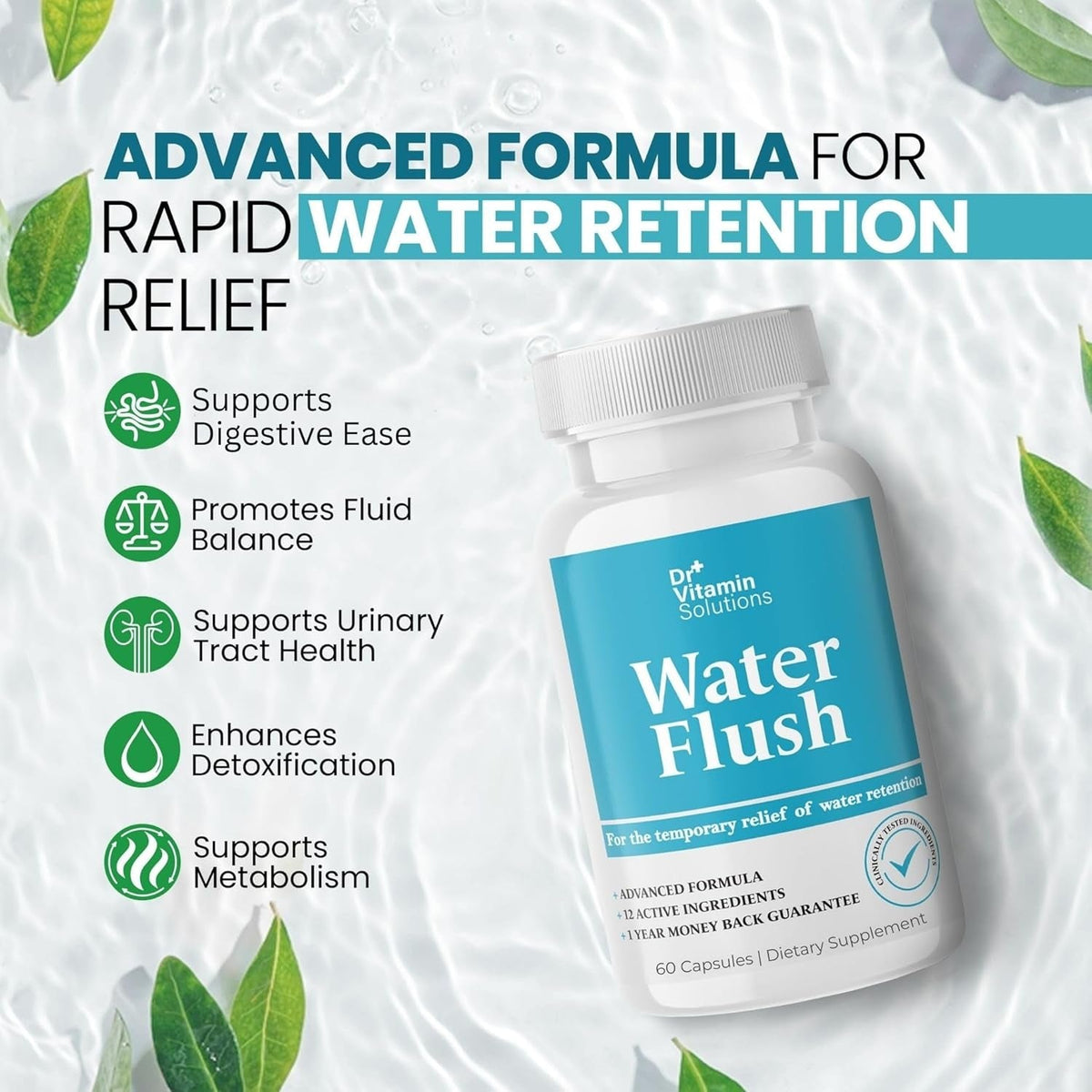 Diuretic Water Pills for Weight Control, 12 Active Ingredients (Green Tea, Cranberry & More), Instant Relief from Bloat & Swelling, Water Retention Pills for Women & Men - 60 Capsules