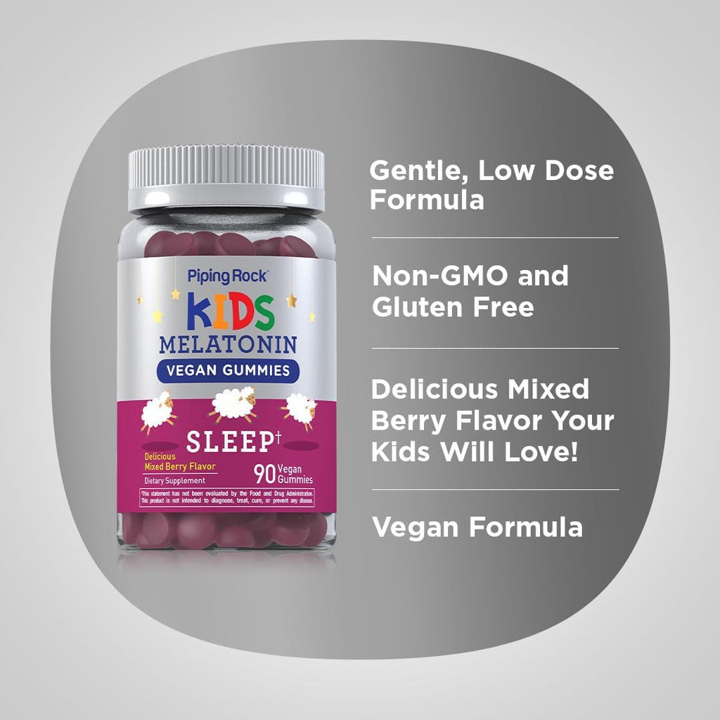 Piping Rock Kids Melatonin Gummies | 1Mg | 90 Count | Supplement for Children | Mixed Berry Flavor | Vegan, Non-Gmo, Gluten Free