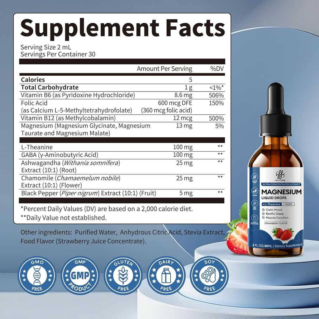 Liquid Magnesium Glycinate Drops for Sleep Support & Nighttime Calm,Magnesium Drops with Chamomile, Ashwagandha, L-Theanine & GABA for Relaxation Support, Gentle Absorption, Strawberry Flavor, 2 Fl Oz