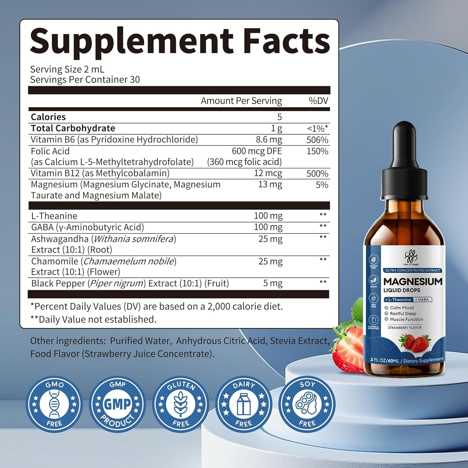 Liquid Magnesium Glycinate Drops for Sleep Support & Nighttime Calm,Magnesium Drops with Chamomile, Ashwagandha, L-Theanine & GABA for Relaxation Support, Gentle Absorption, Strawberry Flavor, 2 Fl Oz